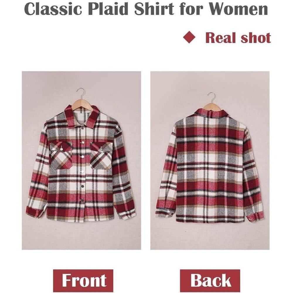 Women Red Collared V Neck Button Down Oversized Long Sleeve Shirt Top - Picture 4 of 4